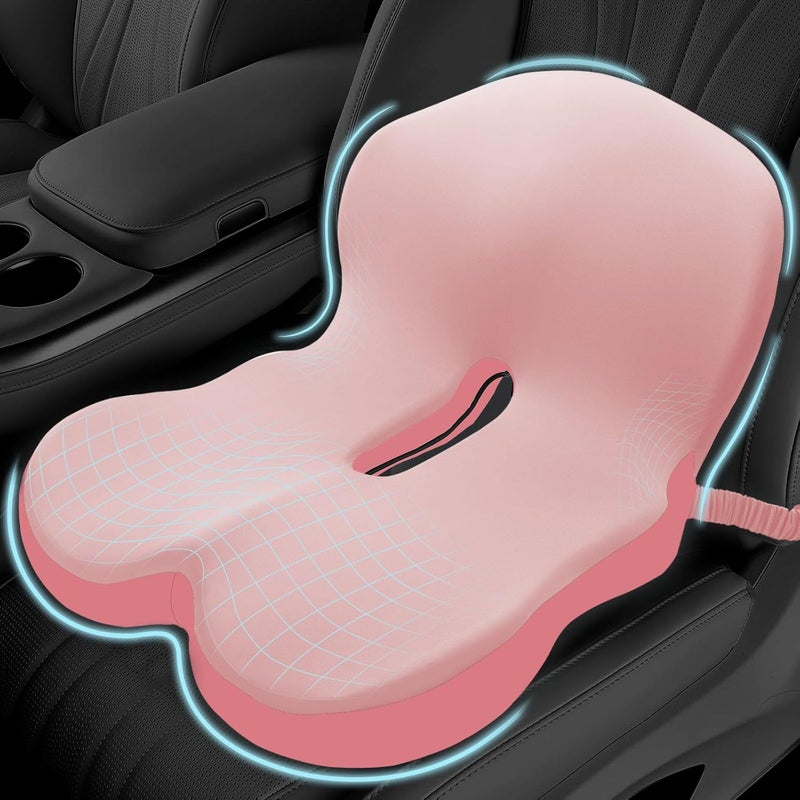 Mosxoed Memory Foam Seat Cushion for Sciatica & Back Pain Relief - Ergonomic Chair Pad with Adjustable Strap & Supportive Comfort Cover, Non-Slip for Car, Truck, Office Chair - Pink - Image 1